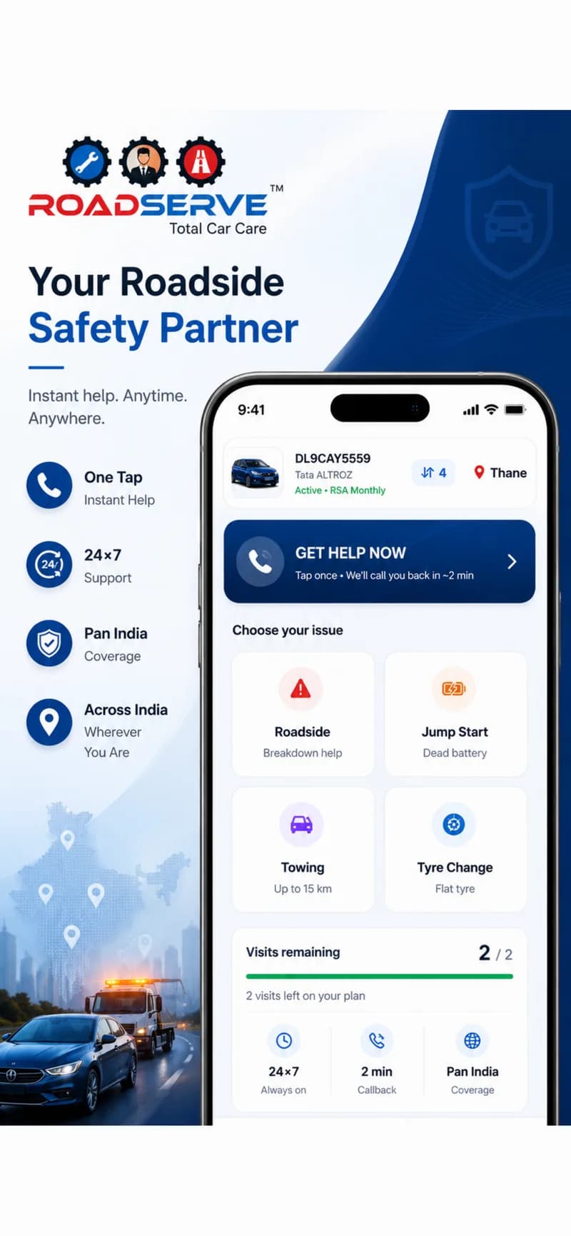RoadServe app — GET HELP NOW, towing, jump start, and tyre change