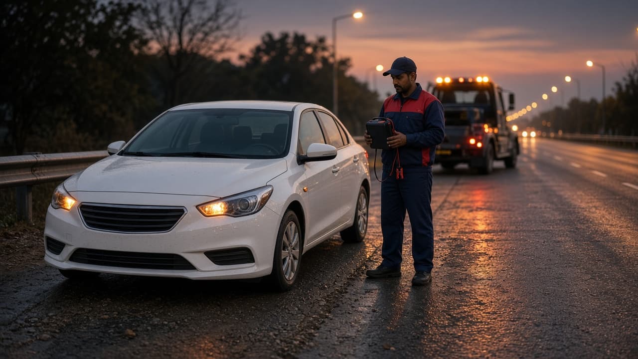 RoadServe partner attending a stranded car on an Indian highway